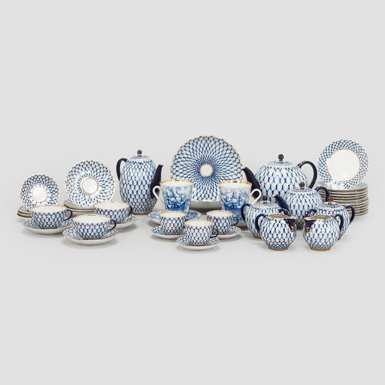 A  'Cobalt Net' porcelain coffee and tea service, Lomonosov, Soviet Union.