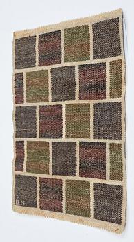 Barbro Nilsson, a textile, "Kvadrater på linne, mörk", flat weave, ca 48-49 x 39-40 cm, signed BN.