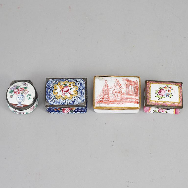 A mixed lot of four 18th century enamel snuff boxes.
