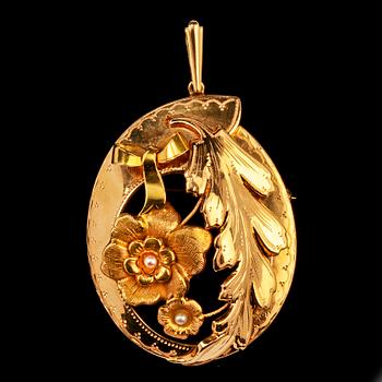 BROSCH/HÄNGE, 18k guld med 2 små orientaliska pärlor, Gustaf Dahlgren & co, Malmö, 1948. Vikt 10 g.