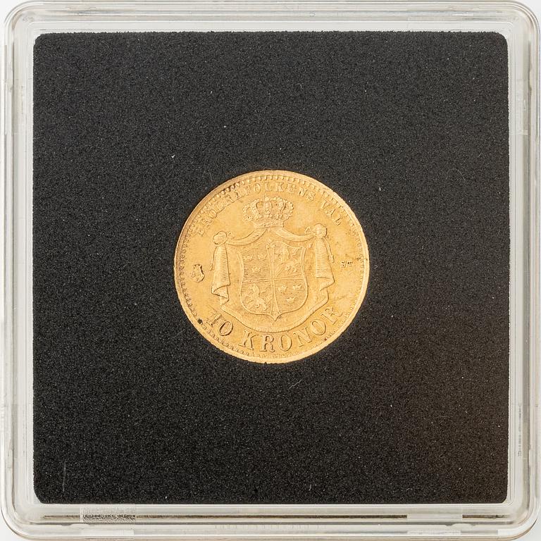 Gold coin, Oscar II, 10 kronor, type I, Sweden 1876.