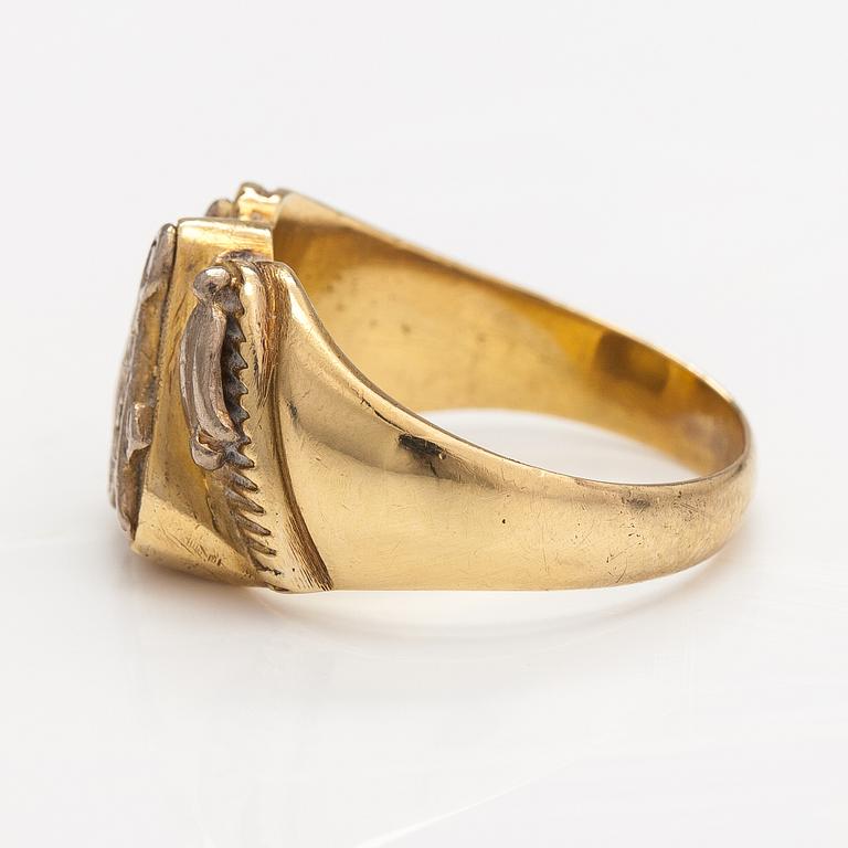 Vapaamuurarisormus, 18K kultaa ja timantti n. 0.02 ct.