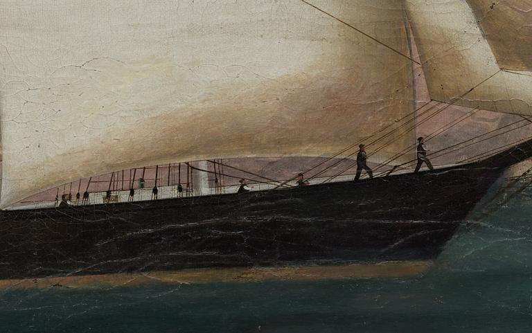 An oil painting by an Anonymous artist of a Danish Eastindiaman at Hong Kong Harbour, 19th Century.