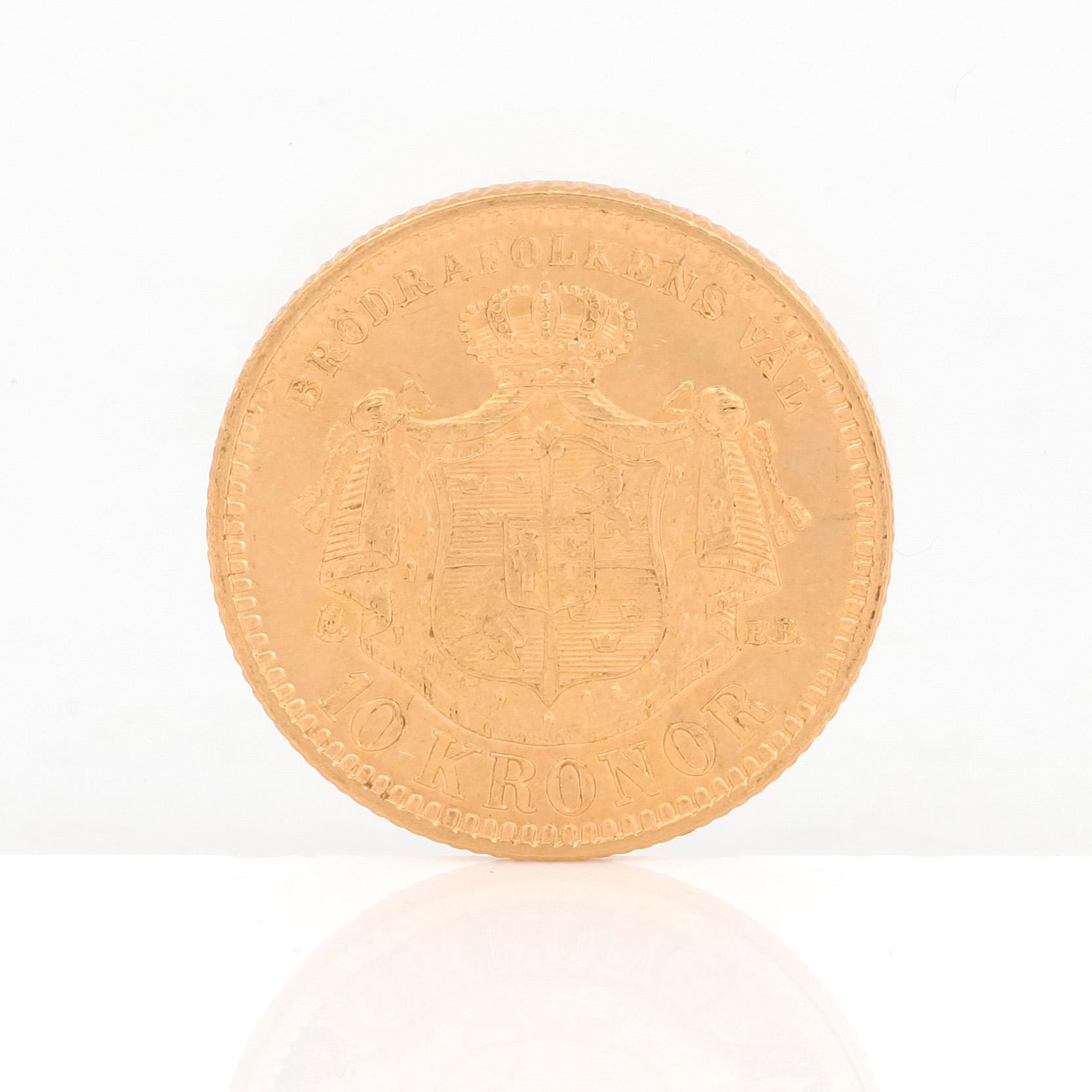 GULDMYNT, 10 kronor, Oscar II av Sverige och Norge 1883. Vikt ca 4,5 gram.