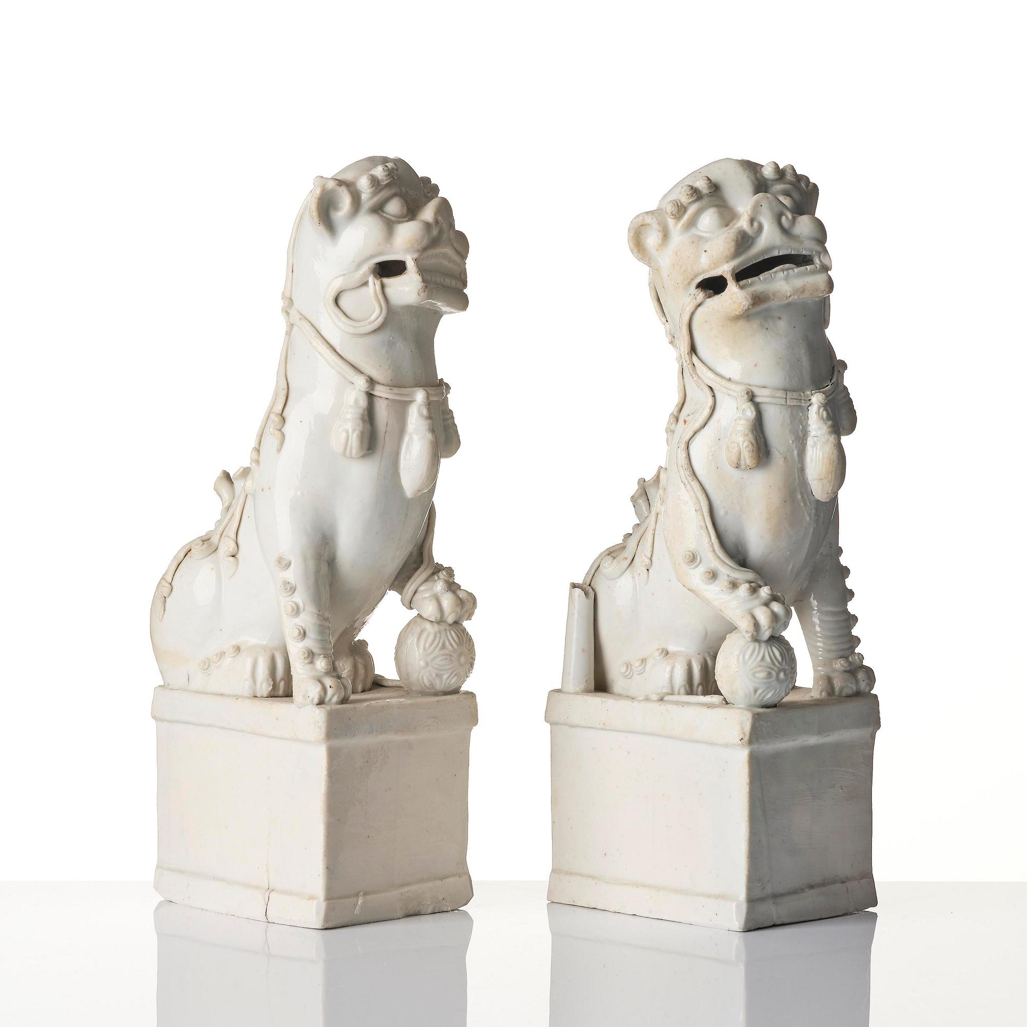 A pair of Chinese blanc de Chine 'Buddhist lion' joss stick holders, Qing dynasty, Kangxi (1662-1722).