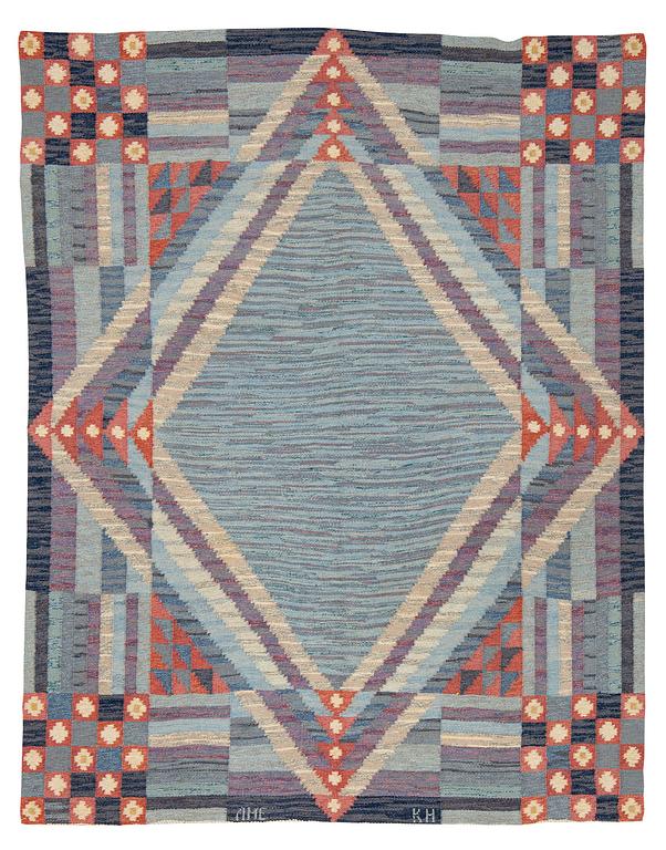 Anne Marie Elvis, a carpet, flat weave and tapestry weave, ca 248.5 x 195 cm, signed AME KH.