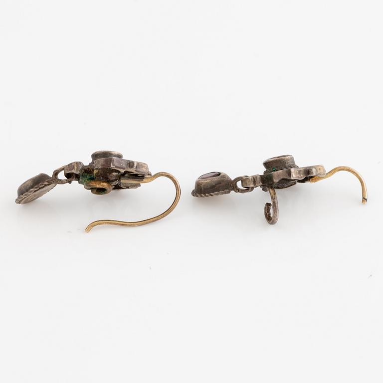 Earrings, two pairs, silver, enamel, pearls, glass stones.