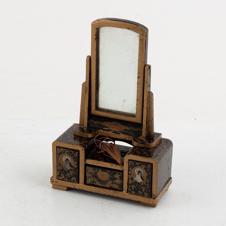 Doll, doll furniture, and table screen, Japan, wood, lacquer and paper, partly Showa, 20th century.