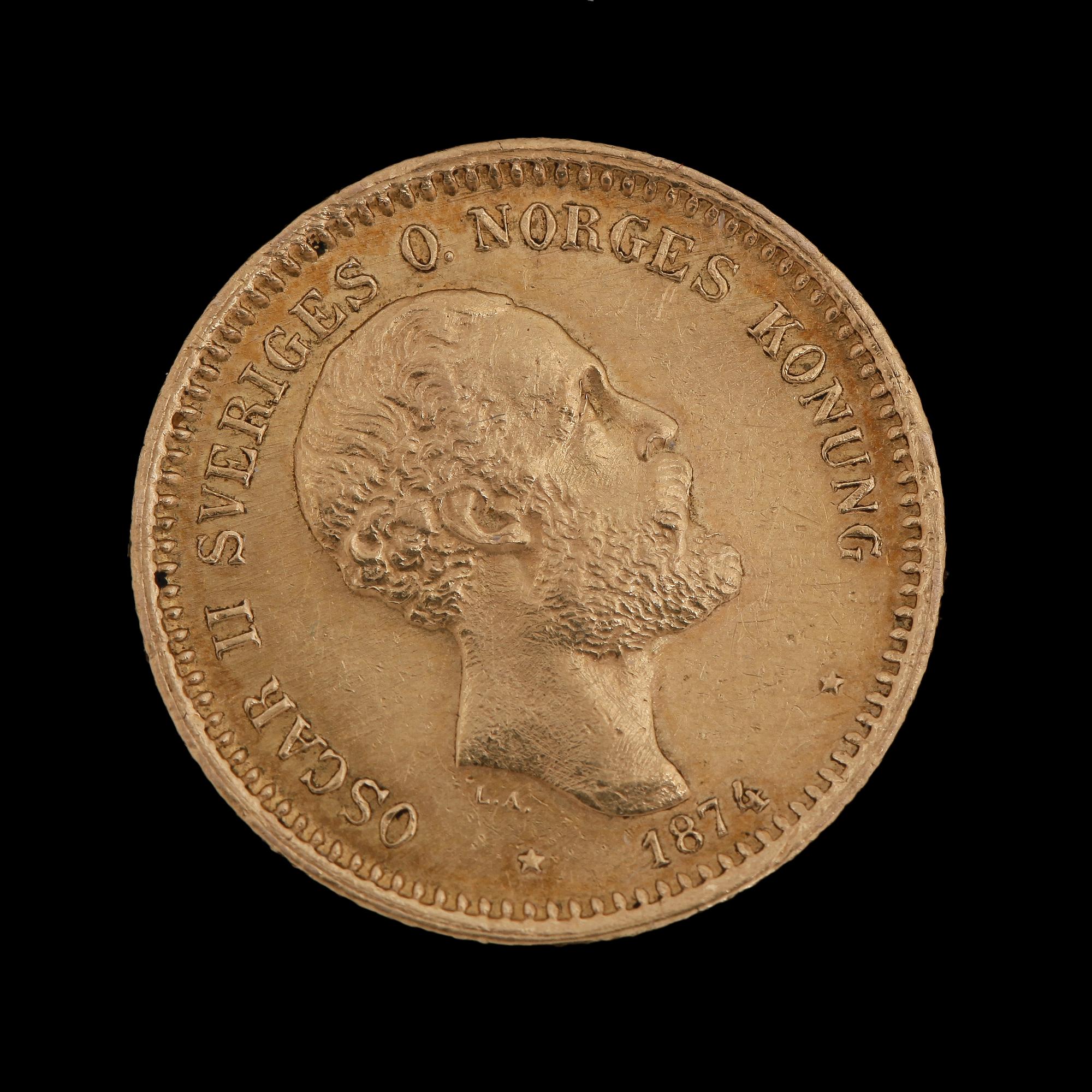 GULDMYNT, Konung Oscar II, 1886. Tot vikt ca 3 gram.