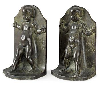 503. A pair of Axel Gute patinated metall bookends, Sweden 1920's.