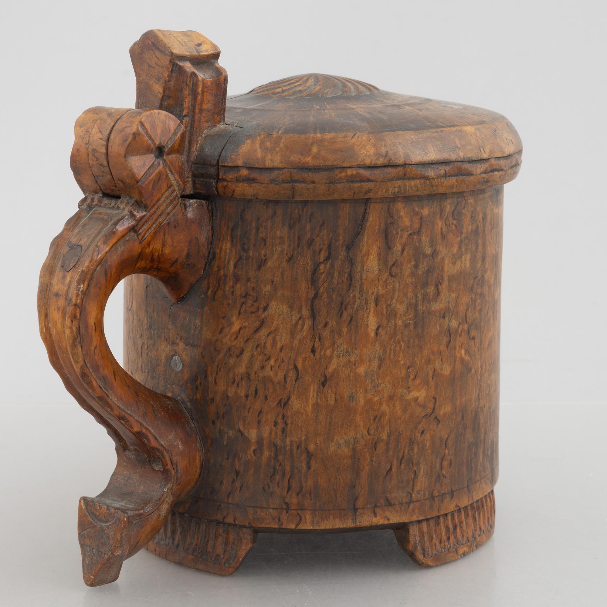 A Norwegian burr-birch tankard, 19th century.