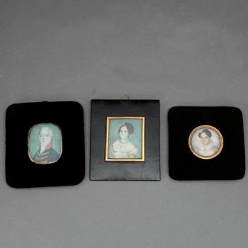 MINIATYRMÅLNINGAR, 3 st, gouache på ben, 1800-tal.