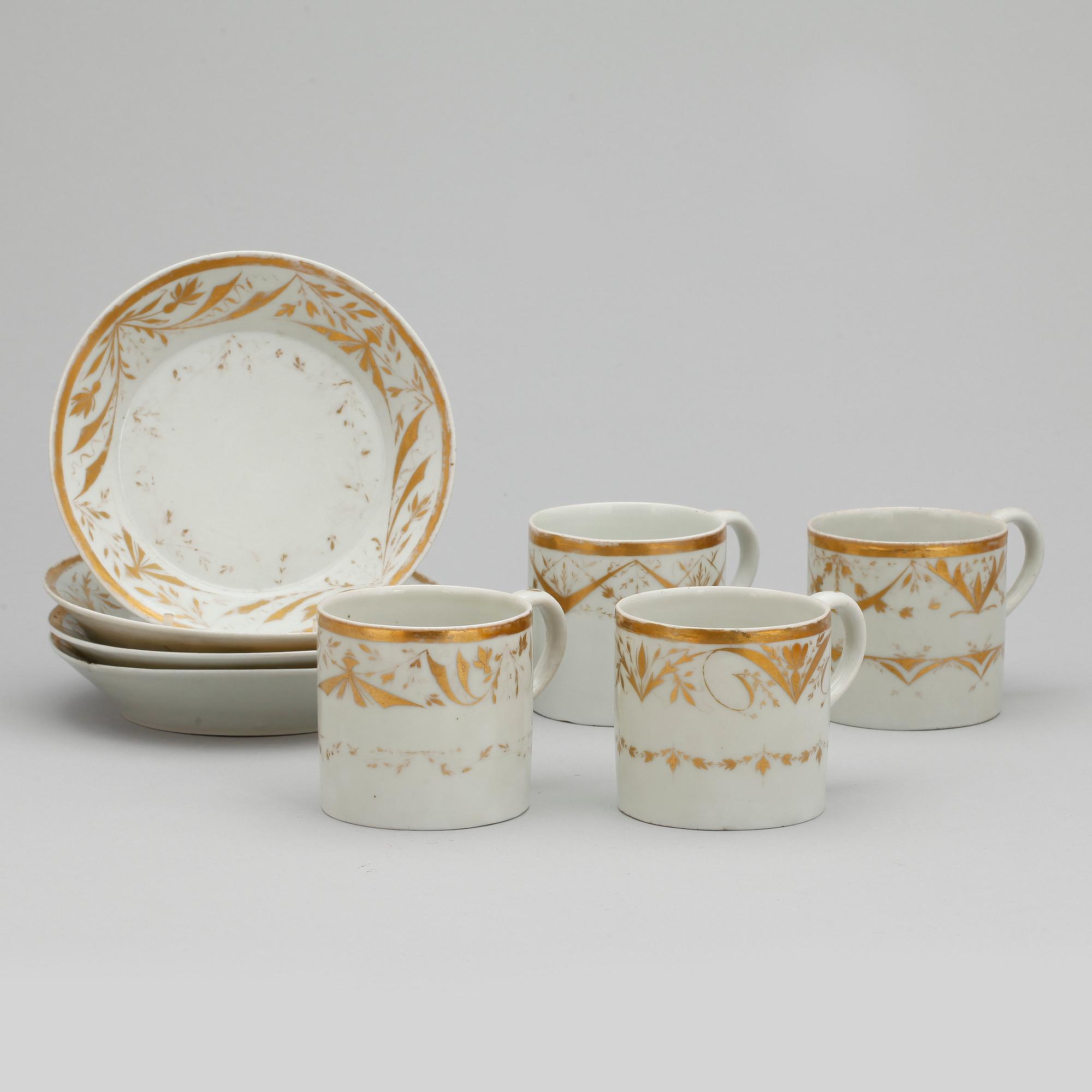 KOPPAR MED FAT, 4 st, porslin, empire, Danmark, 1800-talets första hälft.