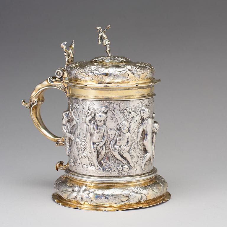 Peter Ohr I (Öhr) dryckeskanna, silver, Hamburg (verksam 1649-1662), barock.