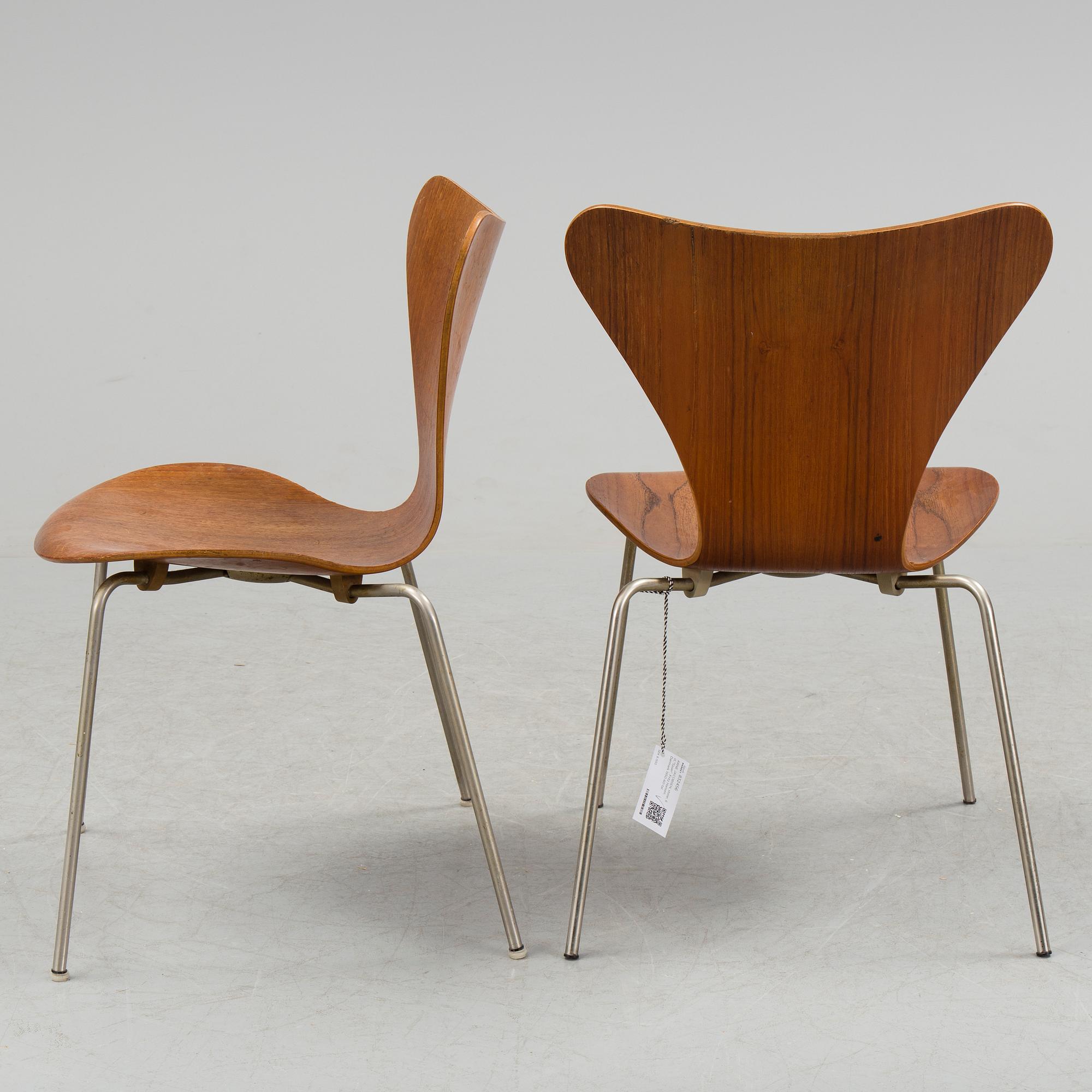 A set of six Arne Jacobsen 'Sjuan' teak chairs, Fritz Hansen, Denmark 1950's-60's.
