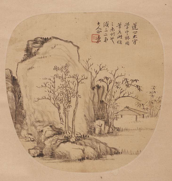 Four fan paintings and calligraphy, of landscapes and flowers, mounted as scrolls, late Qing dynasty/early 20th Century.