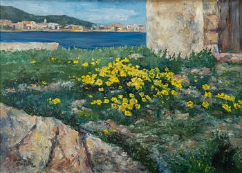 Heinz Buchholz, Strandparti med gula blommor, San Antonio Ibiza.