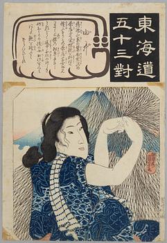 Utagawa Kuniyoshi, 'Girl mending a fishing net'.