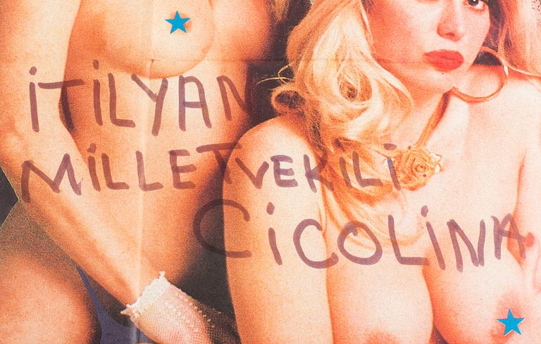 BRAD DOWNEY, "Doyumsuz", four found vintage cinema posters, marker, paint, recomposed and framed, signed.