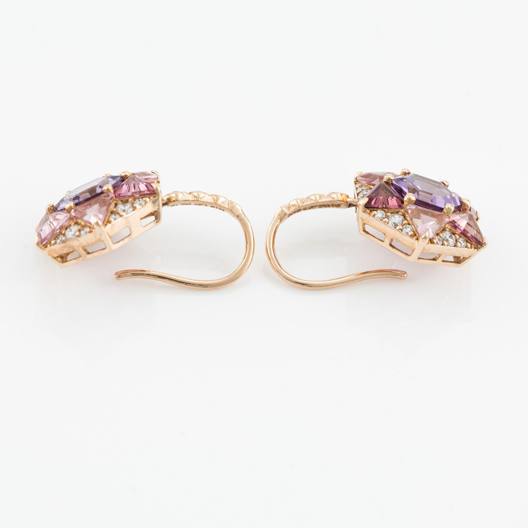 Earrings with amethysts, pink tourmalines, and brilliant-cut diamonds.