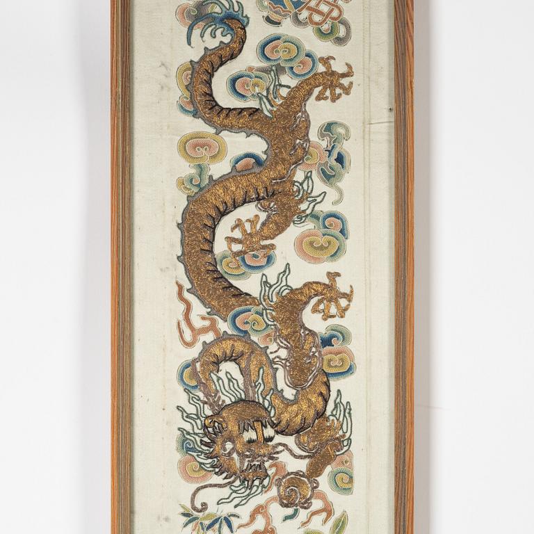 A Chinese silk embroidered robe panel, Qing dynasty (1644-1912).