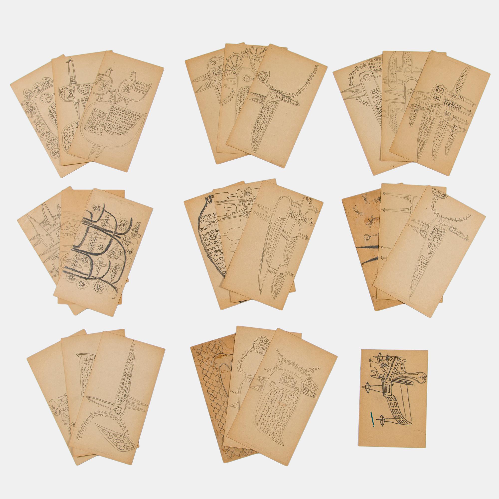 Birger Kaipiainen, kokoelma alkuperäisiä luonnoksia, 25 kpl, lyijykynä, Rörstrandin poissaolokorteille, 1954–1958.