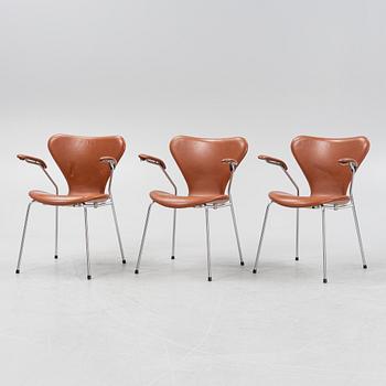 Arne Jacobsen, three "Series 7' armchairs, Fritz Hansen, Denmark, 1988.