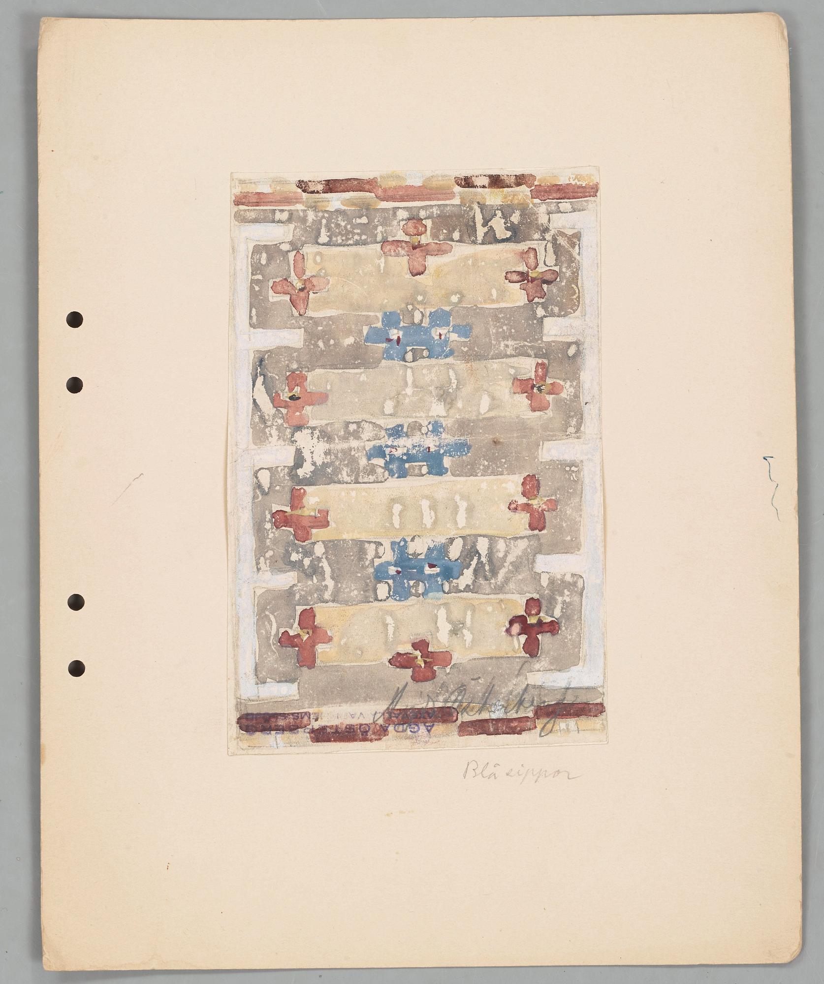 CARPET SKETCHES, 4 sheets. Watercolour and graphite. Three by Agda Österberg and one by Astrid Nyström.