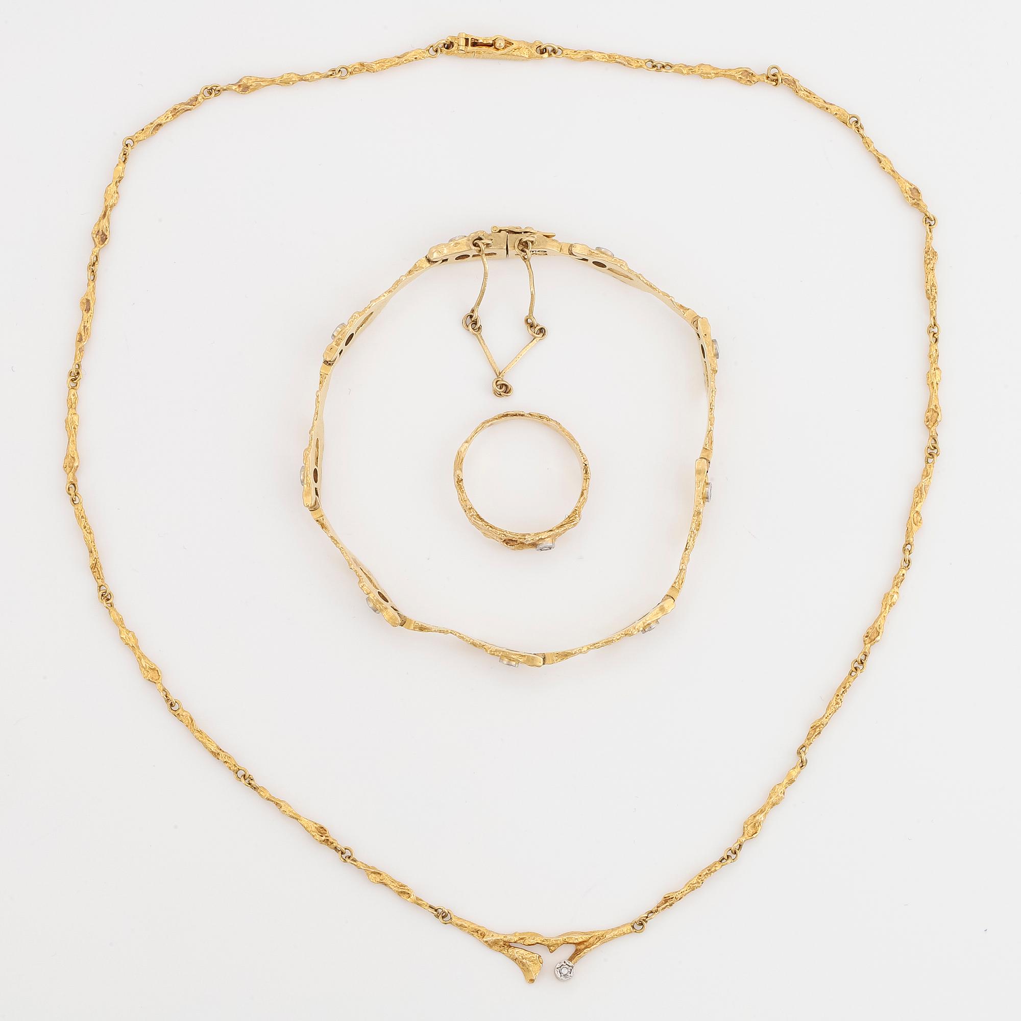 BJÖRN WECKSTRÖM, necklace "Spring dew", bracelet and ring "Diamond pond", 18K gold with eight-cut diamonds.