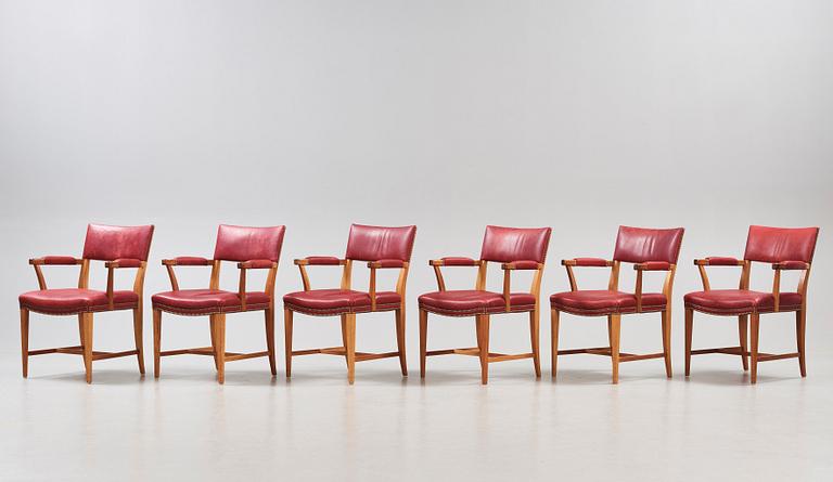 Josef Frank, a set of six mahogany and red leather dining chairs, Svenskt Tenn, Sweden, model 695.