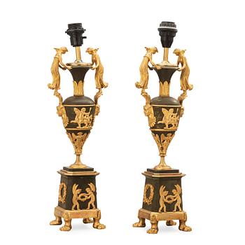 509. A pair of French late 19th century Empire-style table lamps.