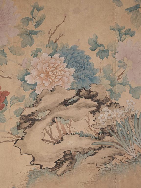 A Chinese scroll painting/wall paper-panel, ink and colour on paper, after Jiang Tingxi (1669-1732), Qing dynasty.