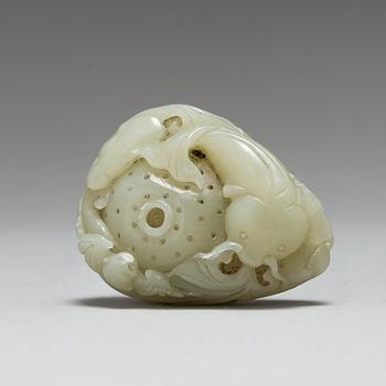 715. A carved nephrite sculpture of fish and bat by lotusbud, Qing dynasty (1664-1912).