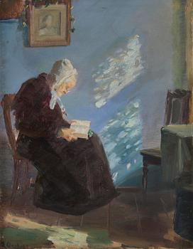657. Anna Ancher, Interior of the blue room with the artist's mother Ane Brøndum reading.