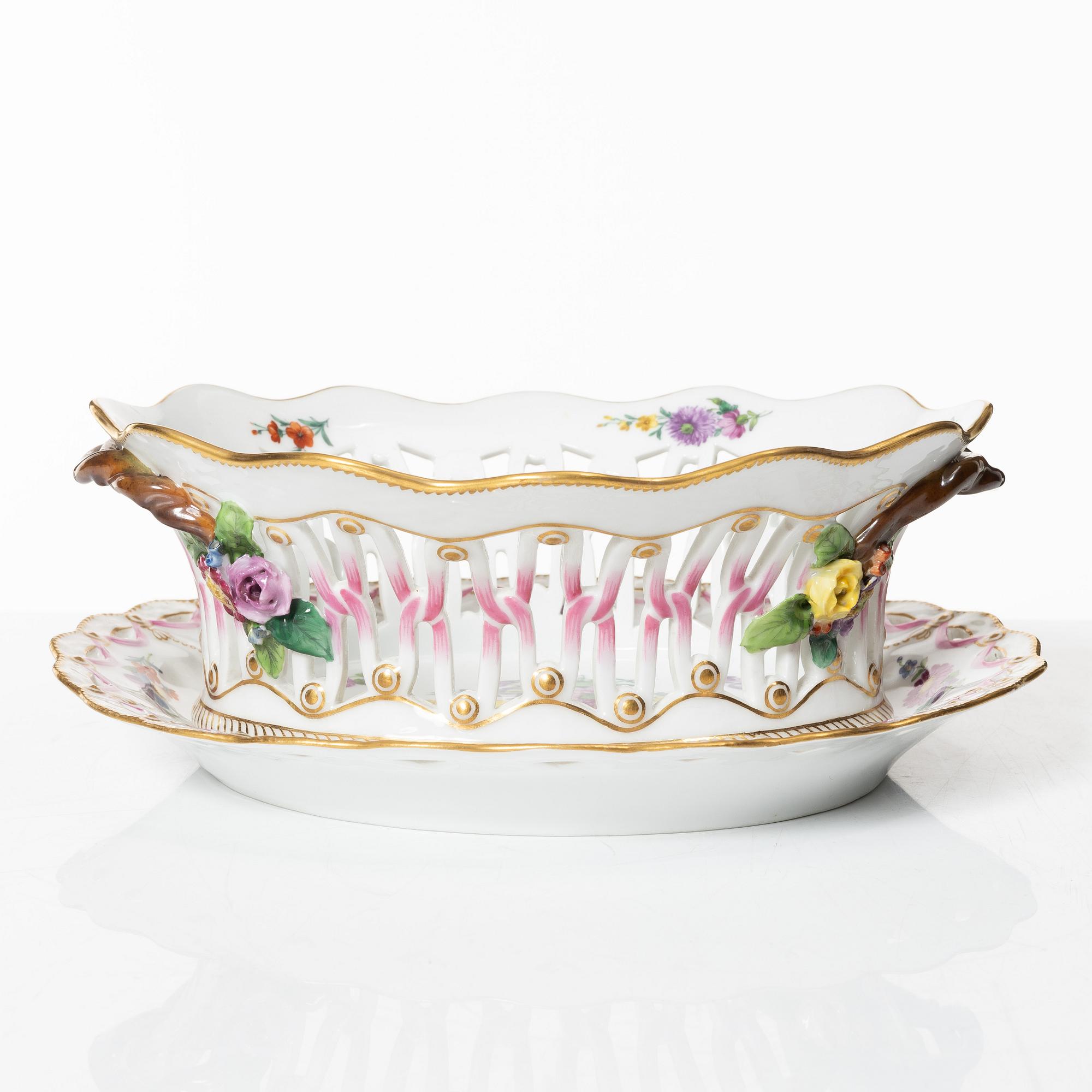 Royal Copenhagen, a 'Saxon Flower' basket on stand, Denmark, 1889-1922.