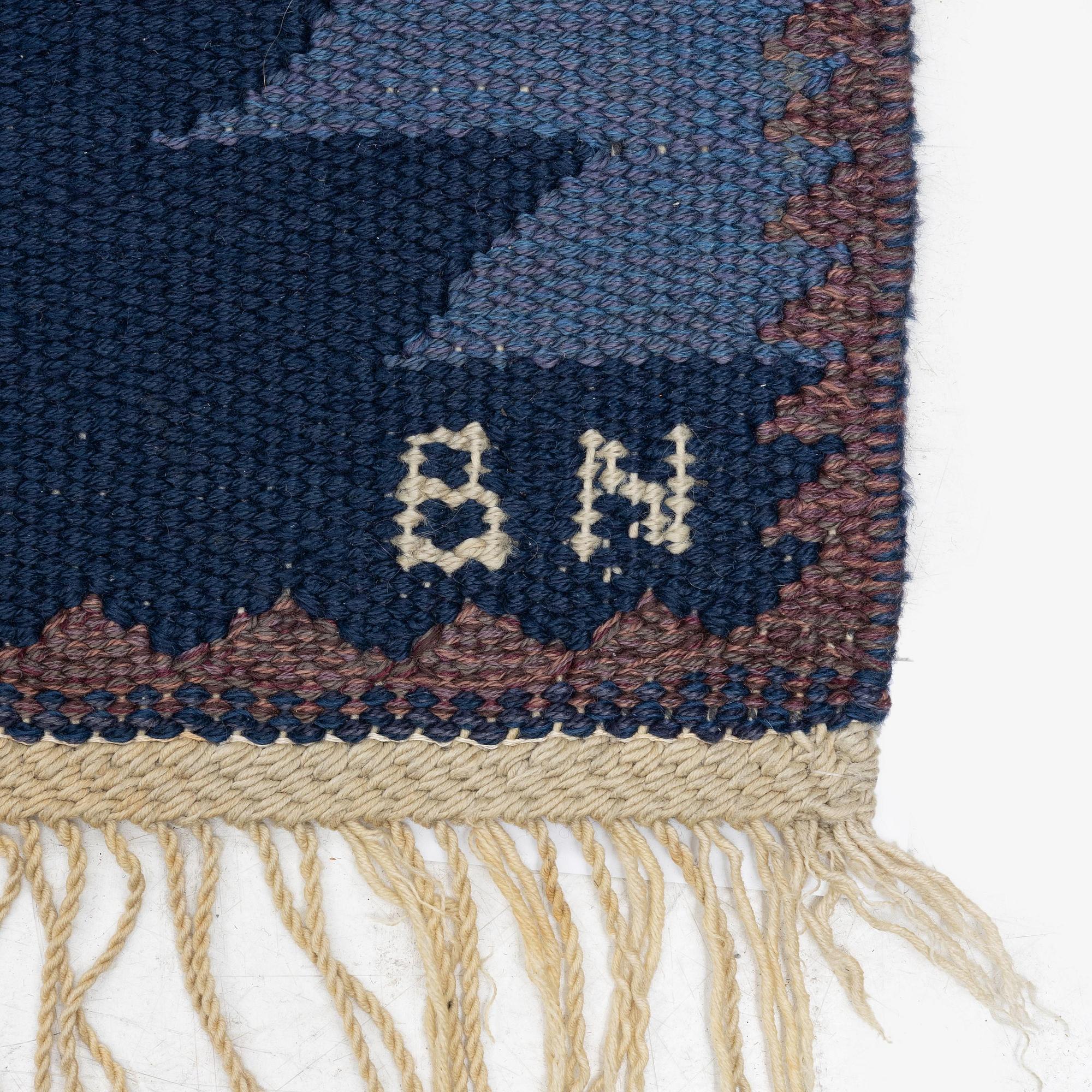 Barbro Nilsson, a carpet, 'Tånga blå', flat weave, c. 300 x 207 cm, signed AB MMF BN.