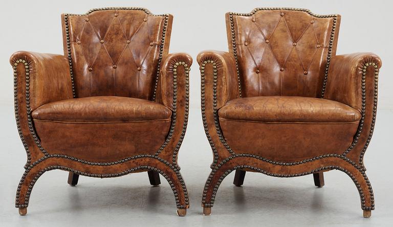 A pair of Otto Schulz brown leather armchairs, by Boet, Gothenburg 1930's.