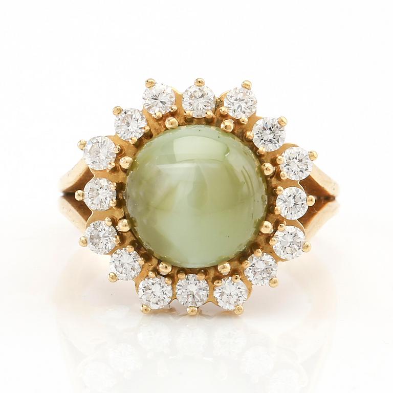 Ring in 18K gold with cabochon-cut cat's eye chrysoberyl and round brilliant-cut diamonds.