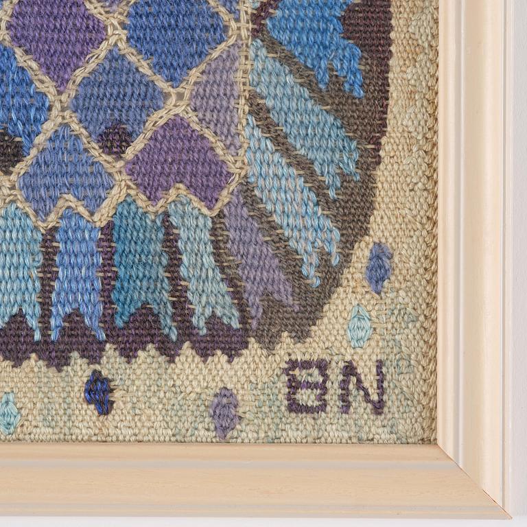 Barbro Nilsson, a 'Nejlikan, blå' textil, c. 20,5 x 22 cm, signed BN.