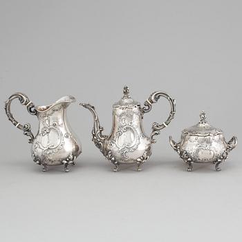 A SILVER COFFEEPOT, SUGARBOWL AND SIMILAR JUG, Hungary-Austria, ca 1900. Weight ca 1327 g.