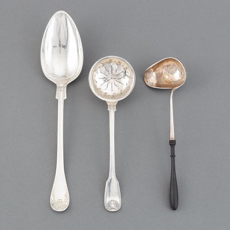 A silver serving spoon, sprinkle spoon and sauce spoon, Sweden, 19th century.