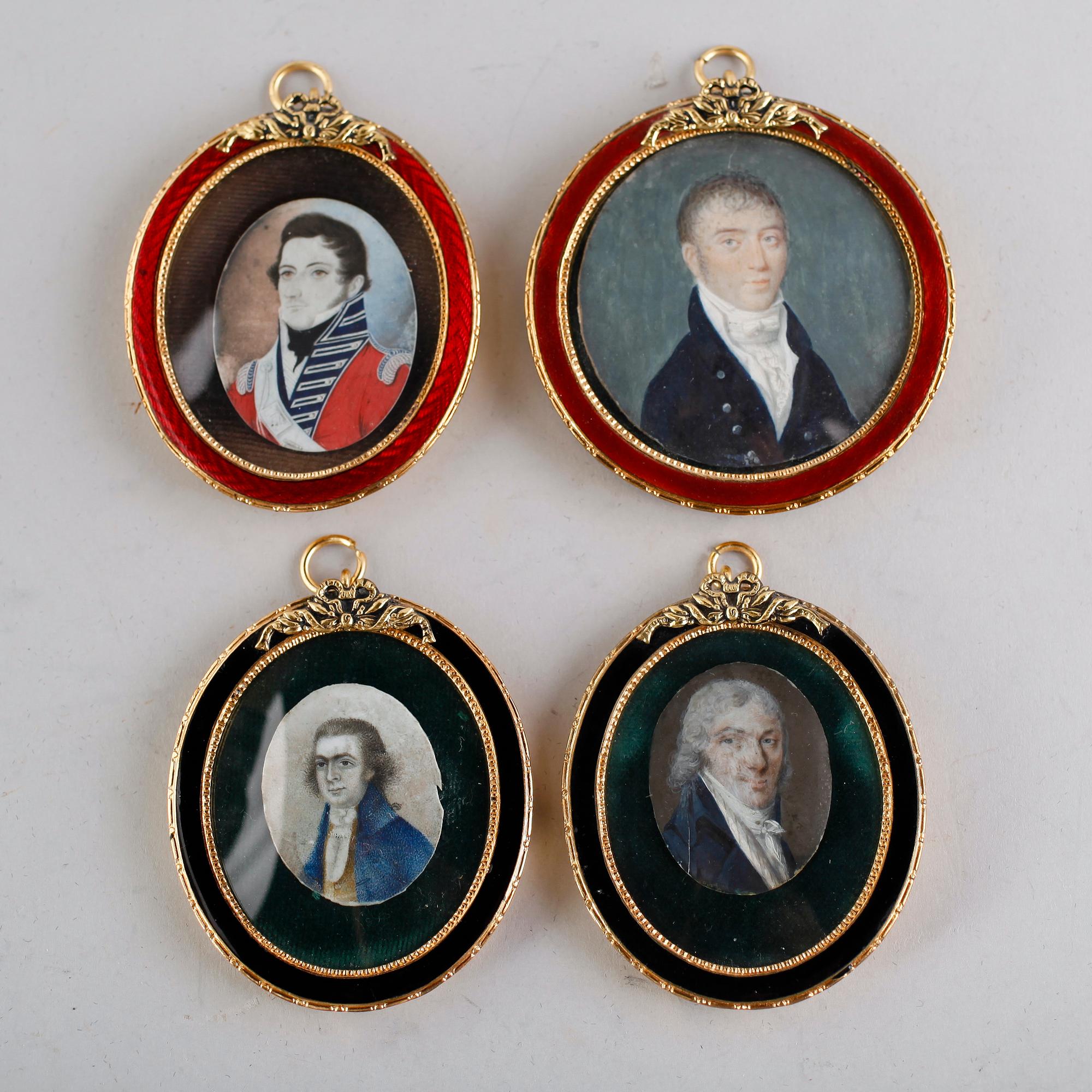MINIATYRER, 4 st, gouacher på ben, 1800-/1900-tal.