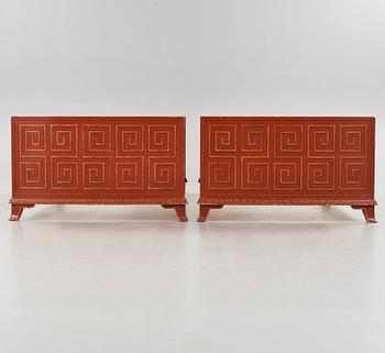 Axel Einar Hjorth, a pair of Swedish Grace 'Åbo' chinese red bed frames, Nordiska Kompaniet, ca 1929-30.