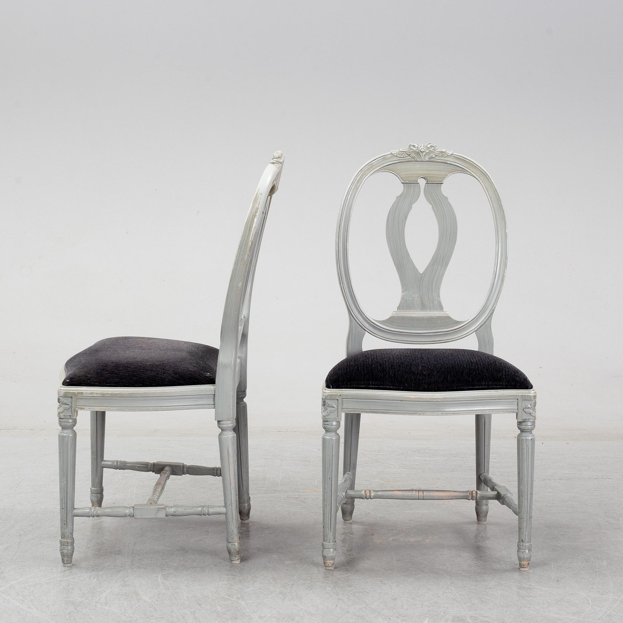Eight second half of the 20th century Gustavian style chairs.