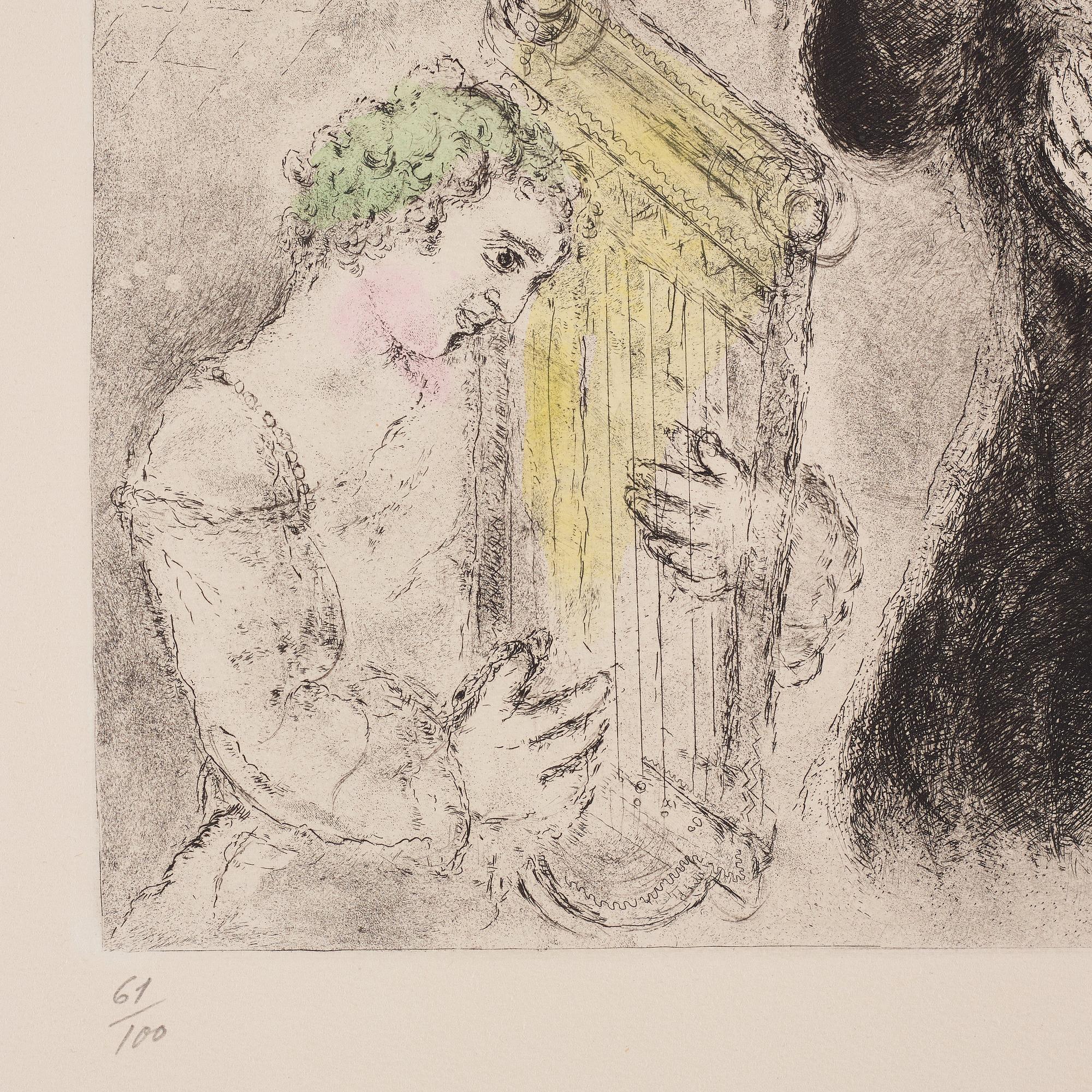 MARC CHAGALL, Etching with hand coloring, 1931-39,  signed and numbered 61/100.