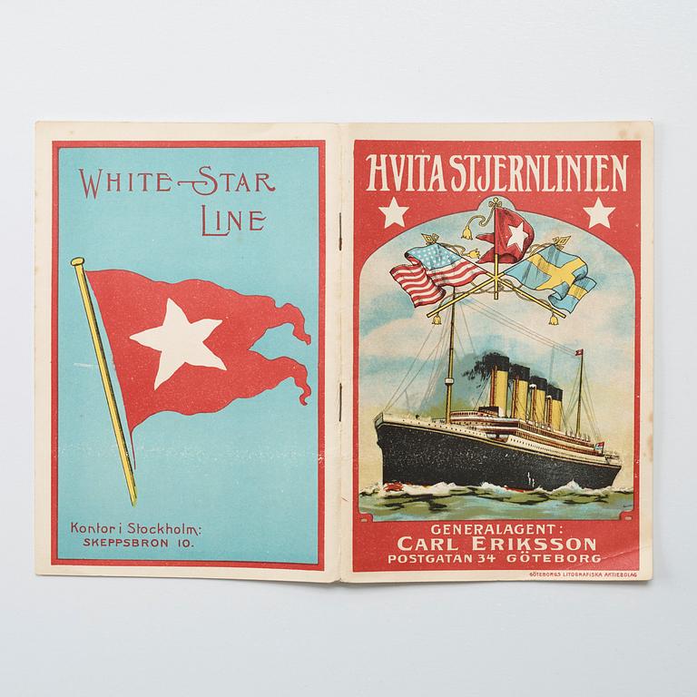 BROCHURE. "HVITA STJERN LINIEN", GENERAL AGENT CARL ERIKSSON, POSTGATAN 34, GOTHENBURG.