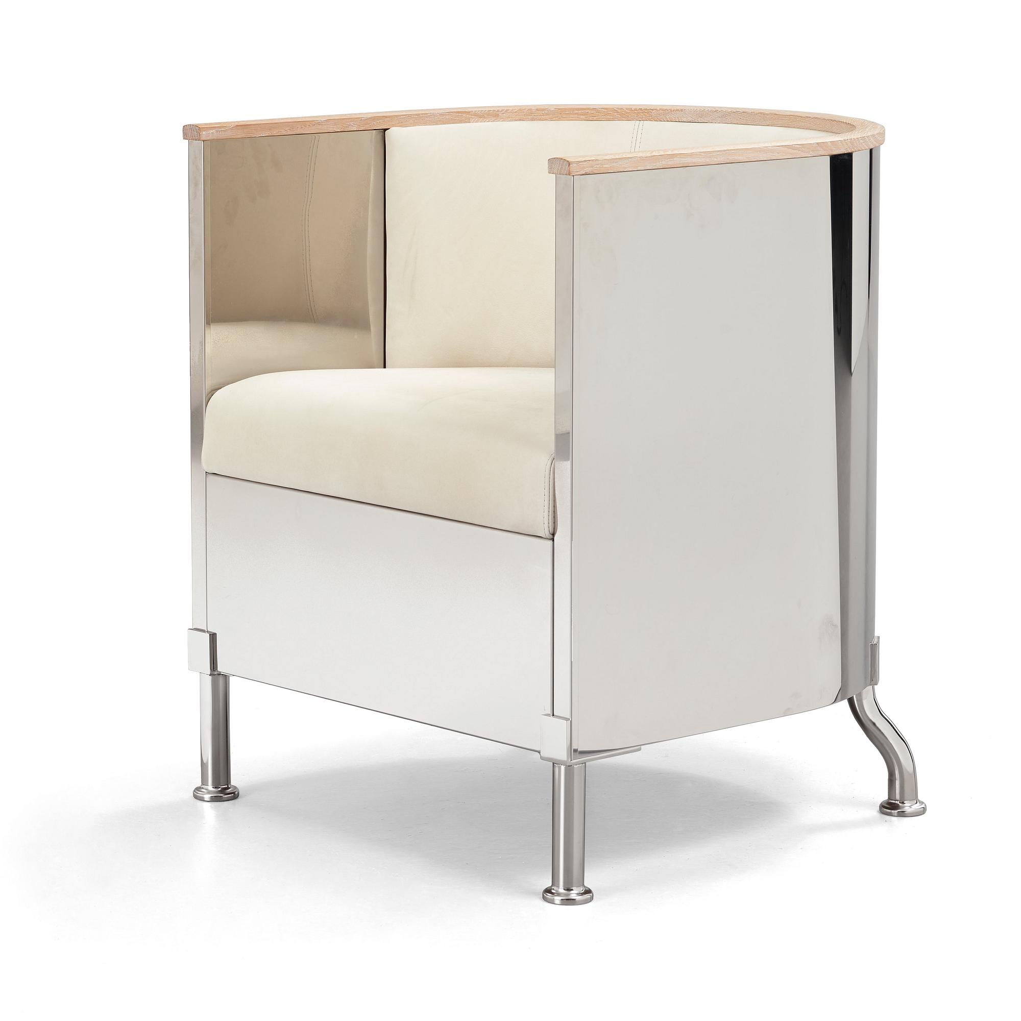 Mats Theselius, an 'Inox' polished steel, white soaped oak and white leather, nubuck armchair, Källemo, Sweden post 2015.