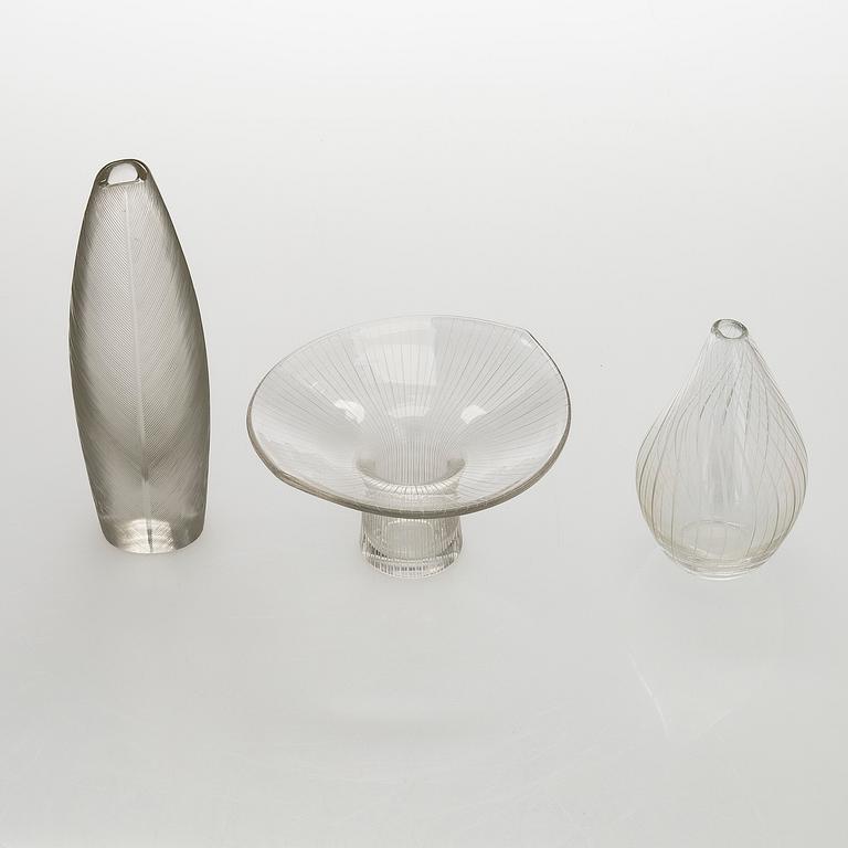 Tapio Wirkkala, Three glass vases / art glass objects, signed Tapio Wirkkala Iittala.