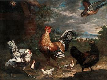 277. Melchior de Hondecoeter Follower of, Hawk attacking a hen family.