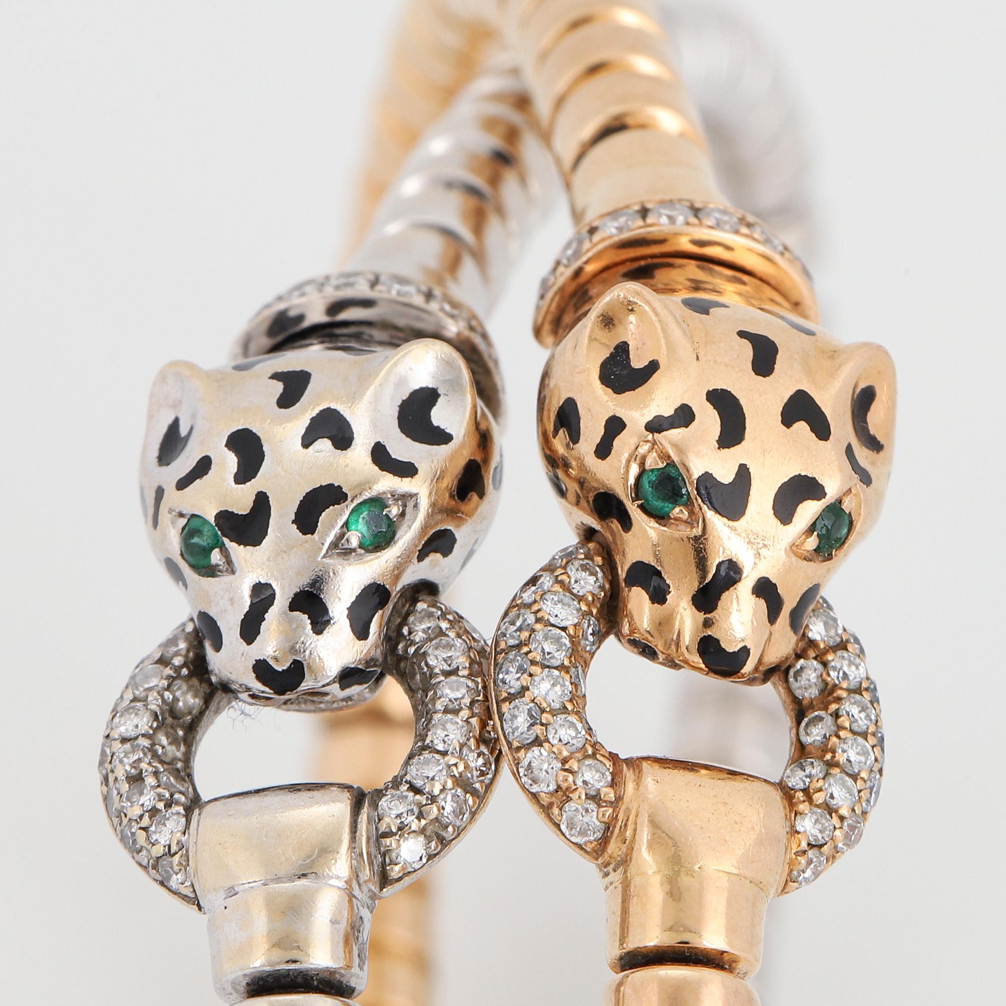 Two panther stretchy white gold and rosé gold with brilliant-cut diamonds.